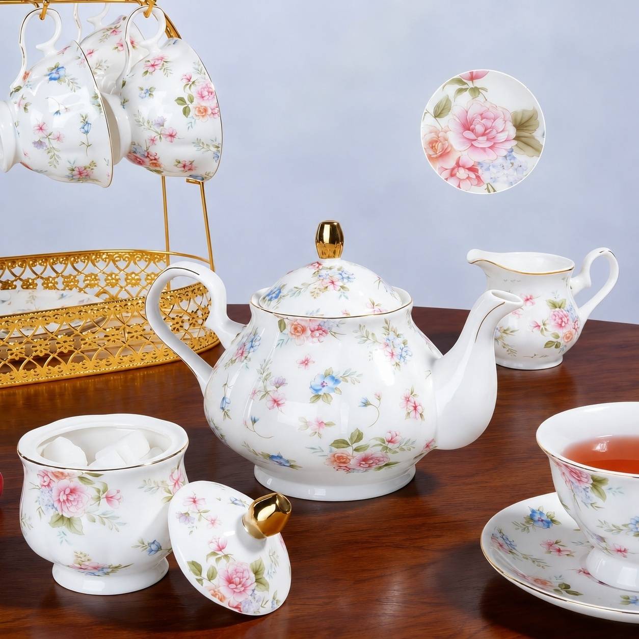 Service à Thé en Porcelaine Pastel avec Relief, 6 Tasses et Soucoupes - Image 3