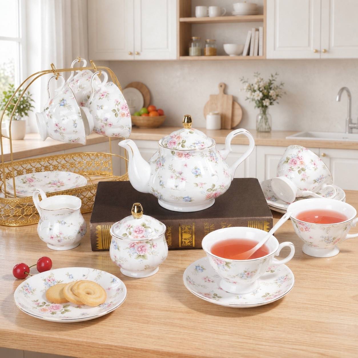 Service à Thé en Porcelaine Pastel avec Relief, 6 Tasses et Soucoupes - Image 5