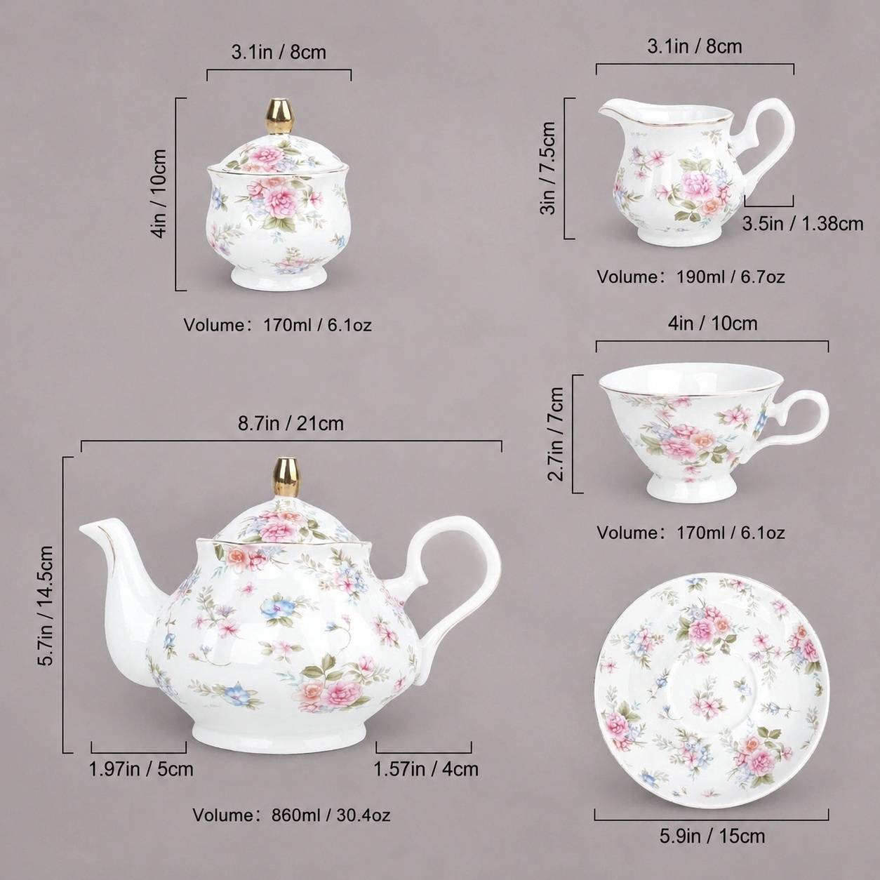 Service à Thé en Porcelaine Pastel avec Relief, 6 Tasses et Soucoupes - Image 6