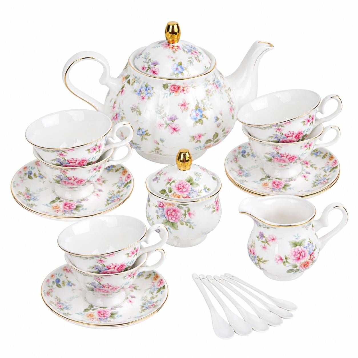 Service à Thé en Porcelaine Pastel avec Relief, 6 Tasses et Soucoupes - Image 1