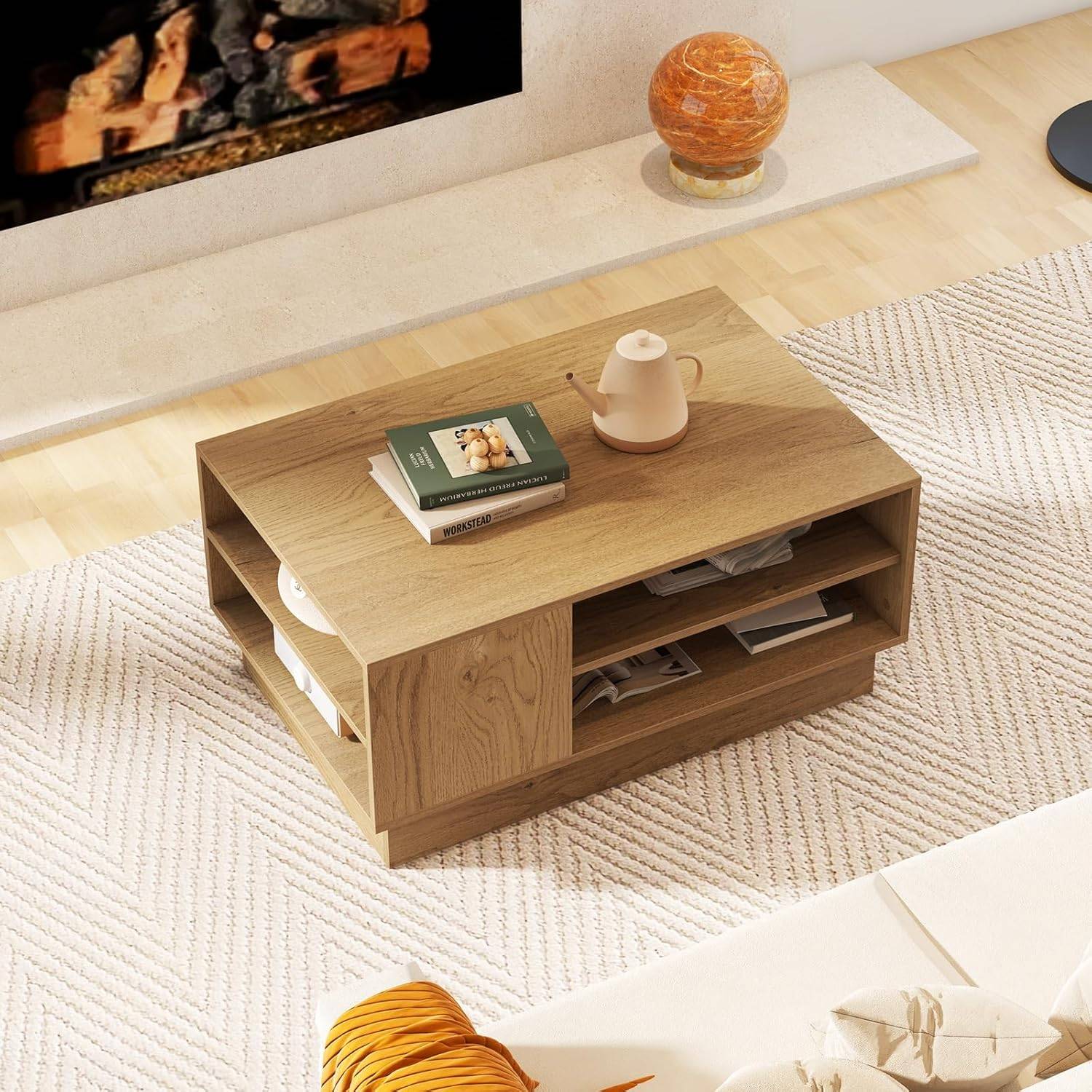 Table basse moderne avec hauteur réglable et fonction pivotante à 360 °, design peu encombrant, plateau pliable et roues en acier pour décoration de salon