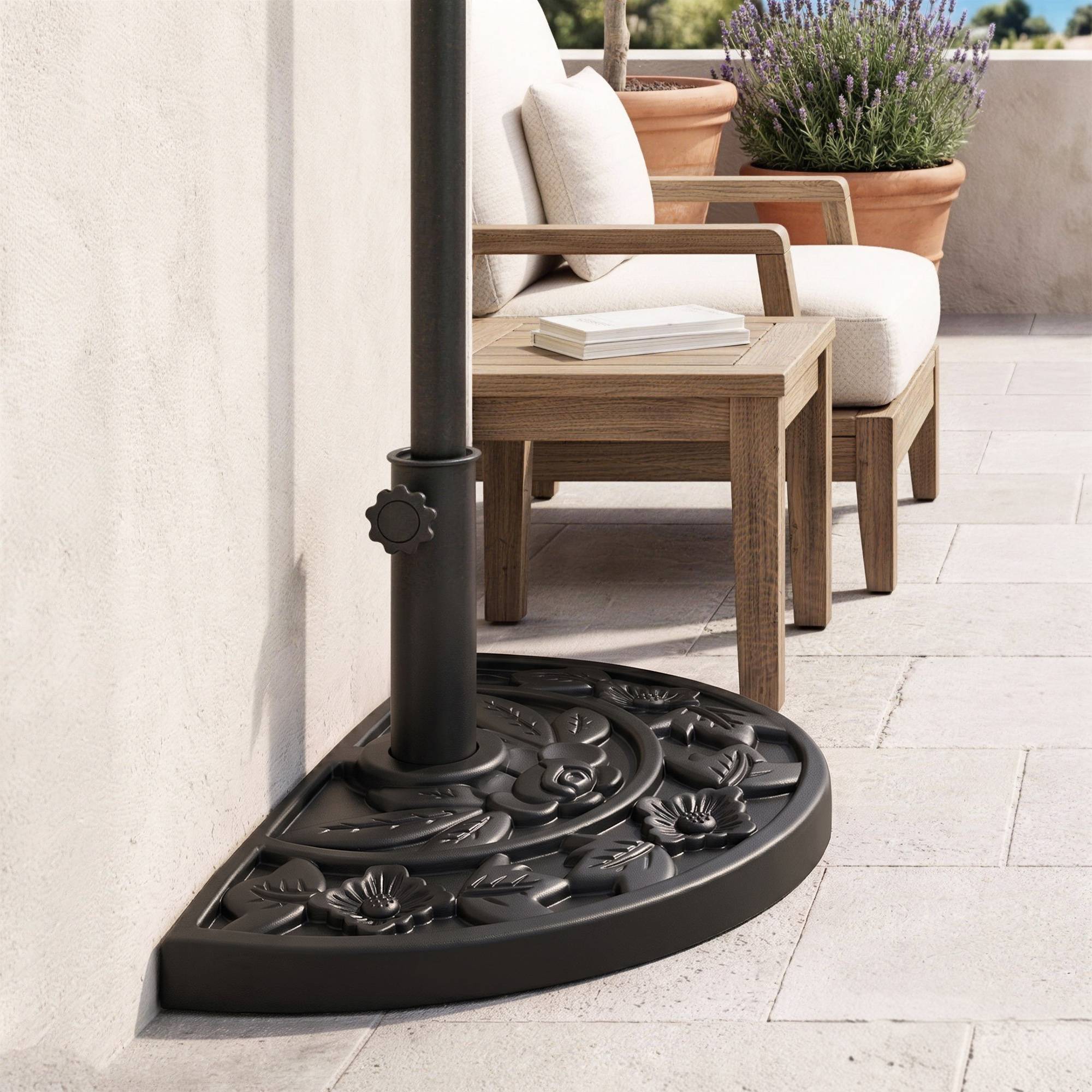 Base de parasol semi-circulaire 9 kg en HDPE, béton et métal à motifs floraux, Ø50x32x32 cm, noir - Image 10