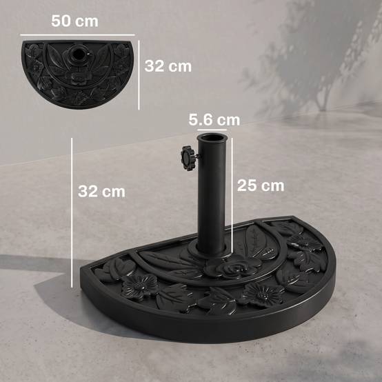 Base de parasol semi-circulaire 9 kg en HDPE, béton et métal à motifs floraux, Ø50x32x32 cm, noir - Image 5