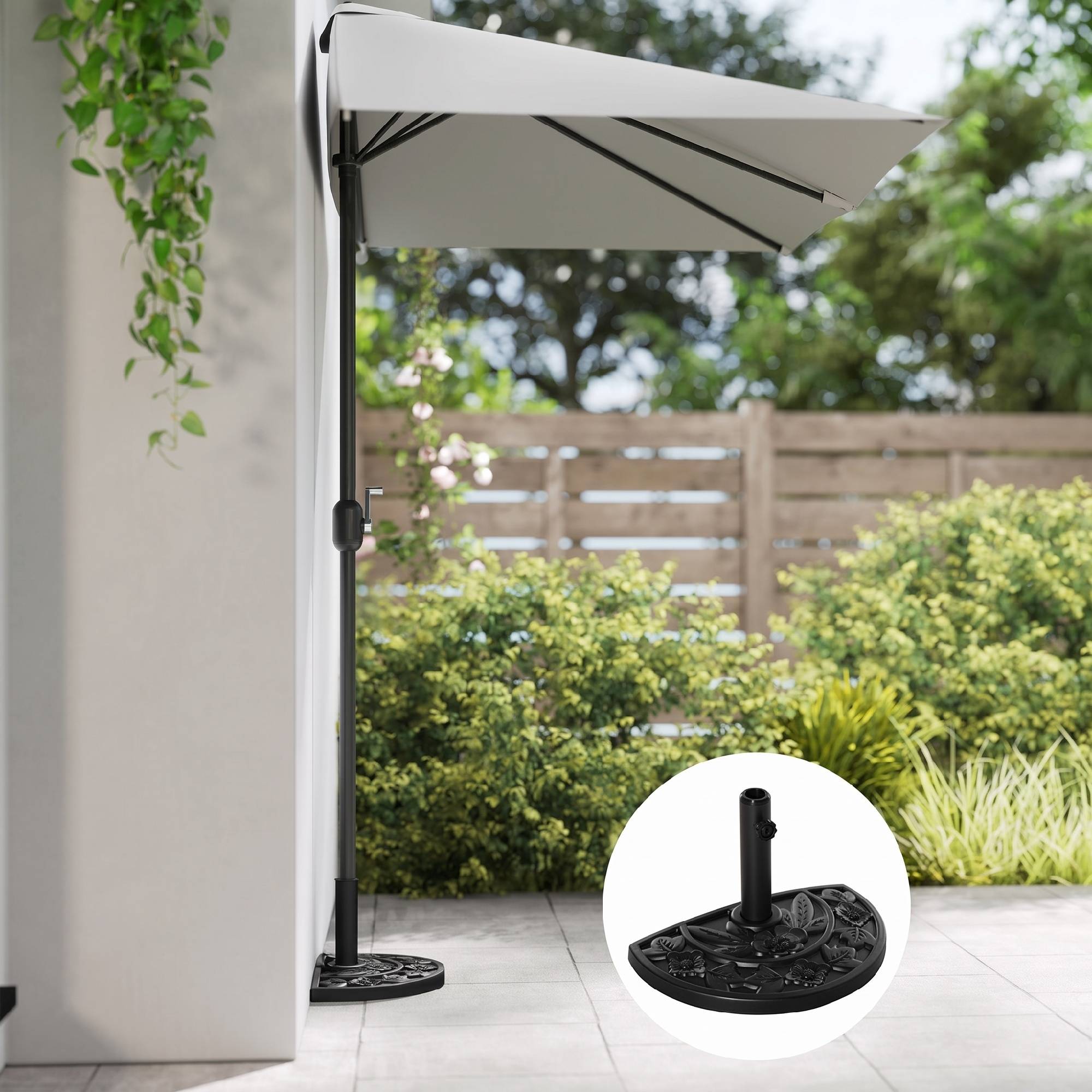 Base de parasol semi-circulaire 9 kg en HDPE, béton et métal à motifs floraux, Ø50x32x32 cm, noir - Image 9