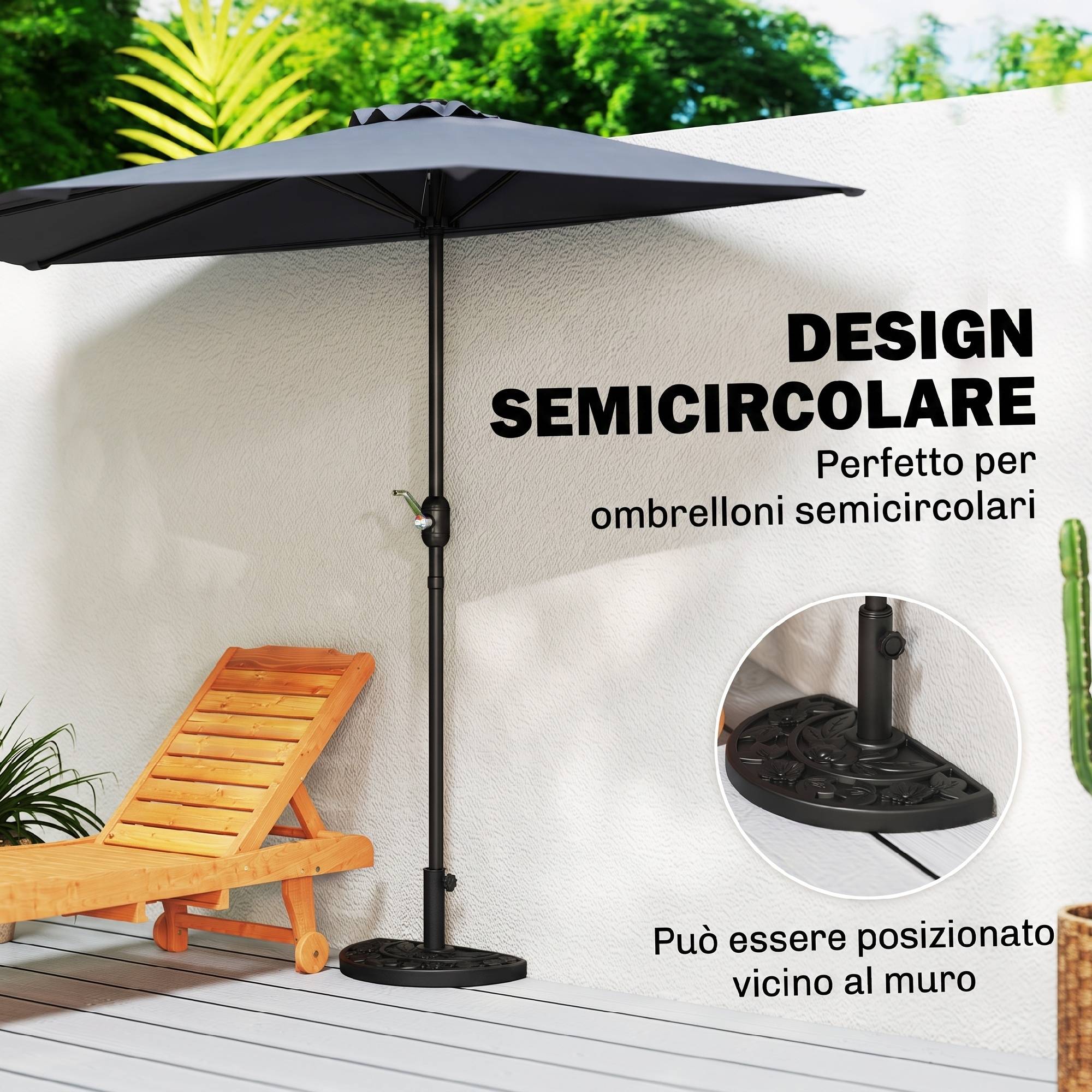 Base de parasol semi-circulaire 9 kg en HDPE, béton et métal à motifs floraux, Ø50x32x32 cm, noir - Image 8