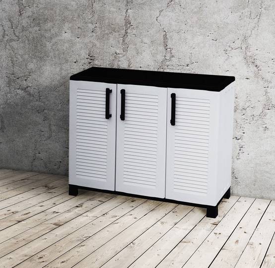 Dmora - Armoire d'extérieur Pelt, Armoire de balcon polyvalente, Armoire d'extérieur 3 portes, 102x37h90 cm, Gris clair et noir, Finition rayée - Dmora - Image 2