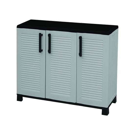 Dmora - Armoire d'extérieur Pelt, Armoire de balcon polyvalente, Armoire d'extérieur 3 portes, 102x37h90 cm, Gris clair et noir, Finition rayée - Dmora - Image 1