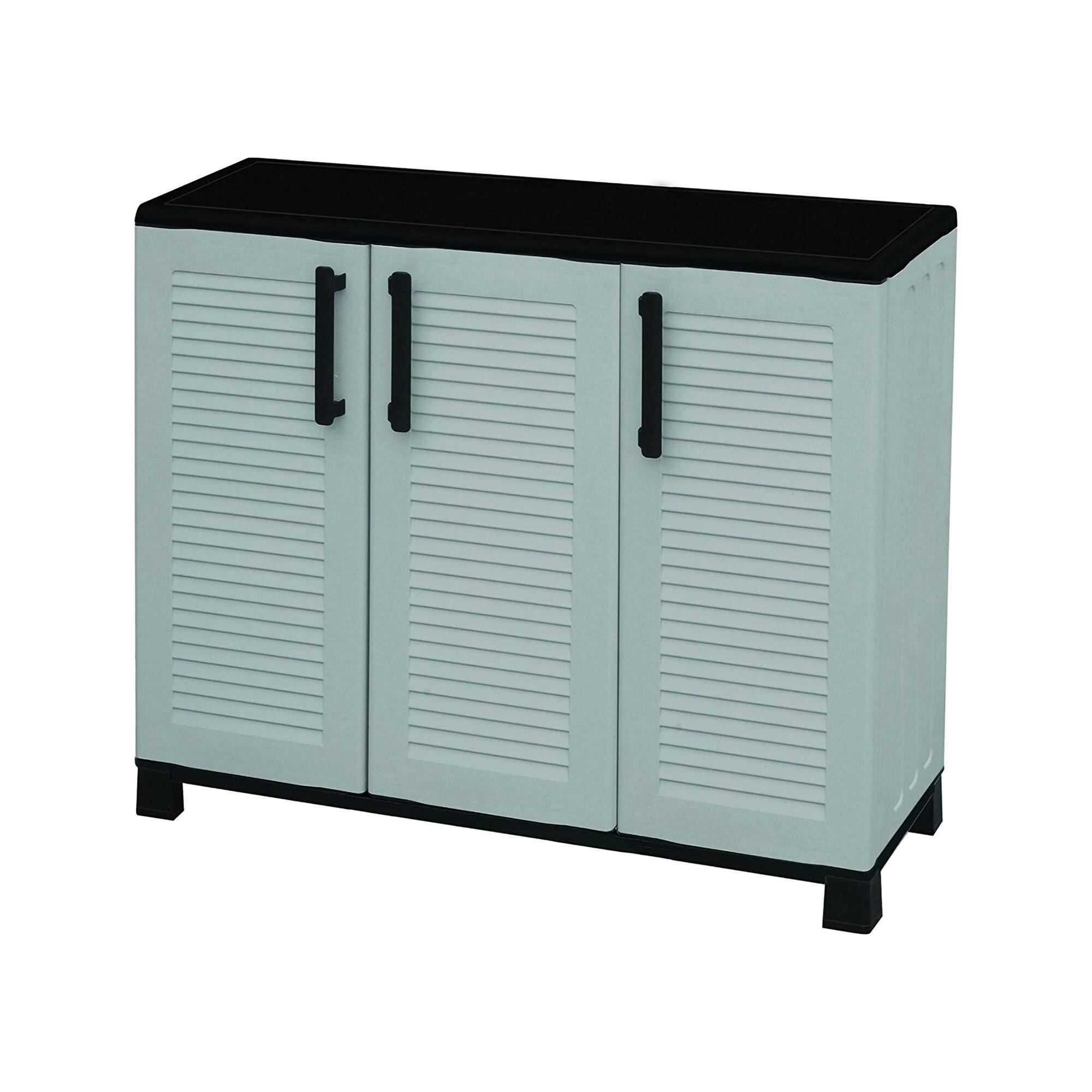 Dmora - Armoire d'extérieur Pelt, Armoire de balcon polyvalente, Armoire d'extérieur 3 portes, 102x37h90 cm, Gris clair et noir, Finition rayée - Dmora - Image 1