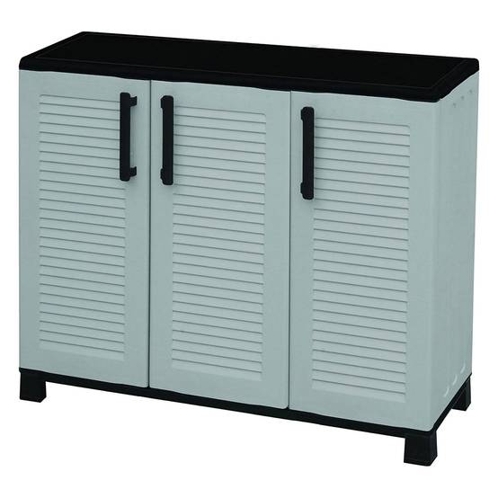 Dmora - Armoire d'extérieur Pelt, Armoire de balcon polyvalente, Armoire d'extérieur 3 portes, 102x37h90 cm, Gris clair et noir, Finition rayée - Dmora - Image 4