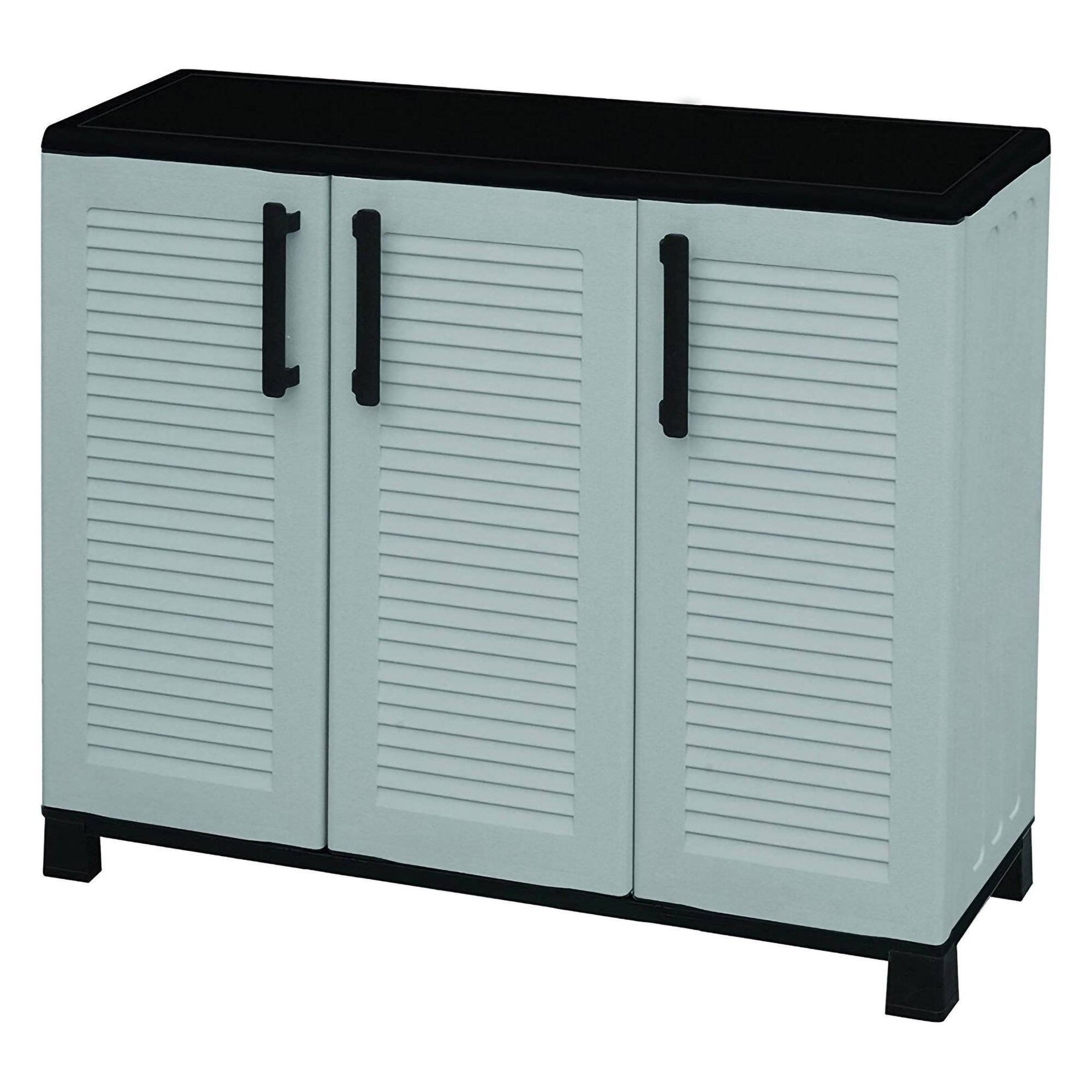 Dmora - Armoire d'extérieur Pelt, Armoire de balcon polyvalente, Armoire d'extérieur 3 portes, 102x37h90 cm, Gris clair et noir, Finition rayée - Dmora - Imagen 4