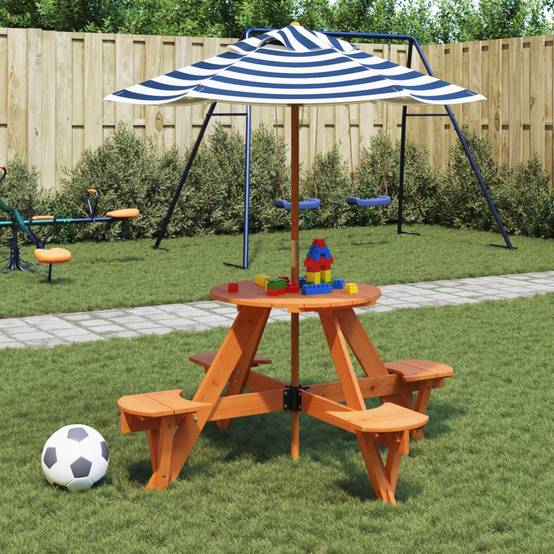 Table de pique-nique pour 4 enfants avec parasol rond sapin 120 x 57 cm, Poids :10.56kg - PANGIVO - Image 1
