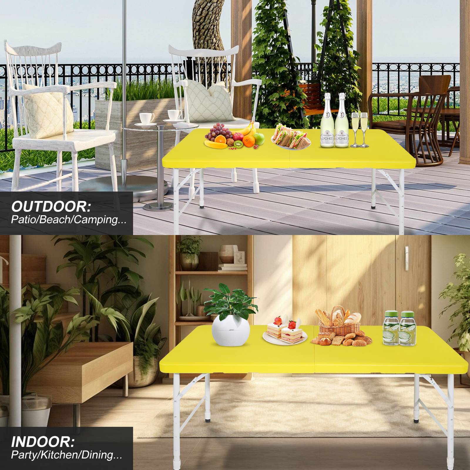 Table pliante 125cm hauteur réglable, usage polyvalent camping maison charge 135kg jaune - Image 7