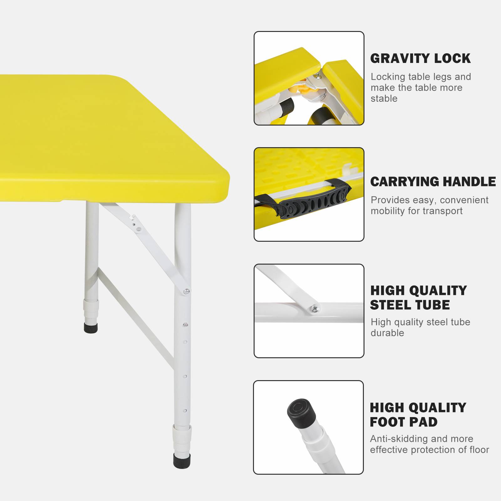 Table pliante 125cm hauteur réglable, usage polyvalent camping maison charge 135kg jaune - Image 6