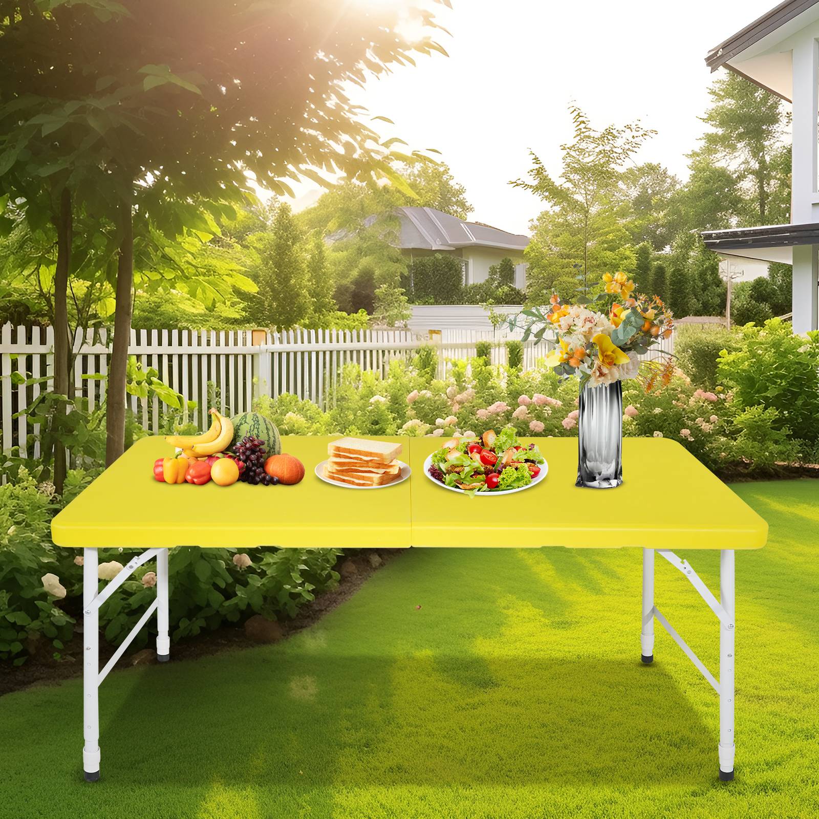 Table pliante 125cm hauteur réglable, usage polyvalent camping maison charge 135kg jaune - Image 3