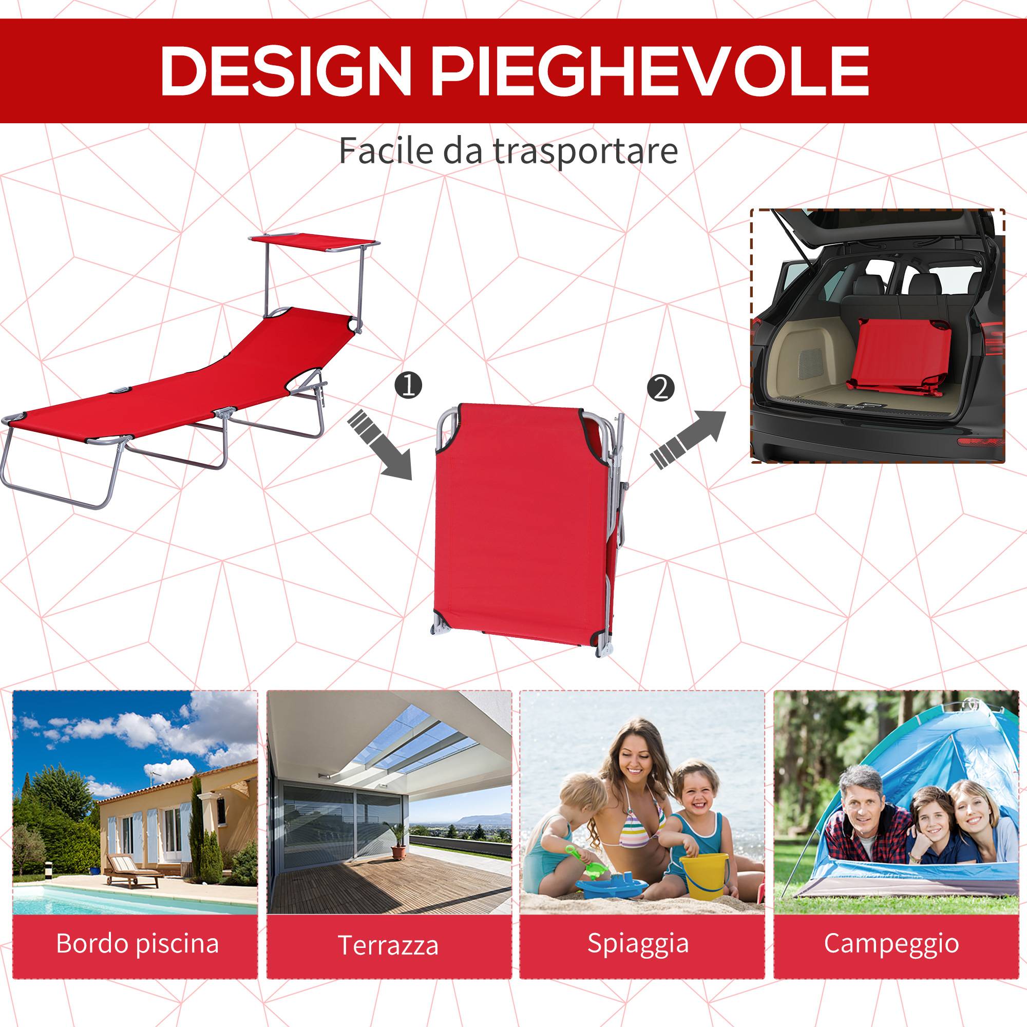 Transat jardin pliable avec auvent réglable, dossier inclinable 4 niveaux, rouge - Image 7