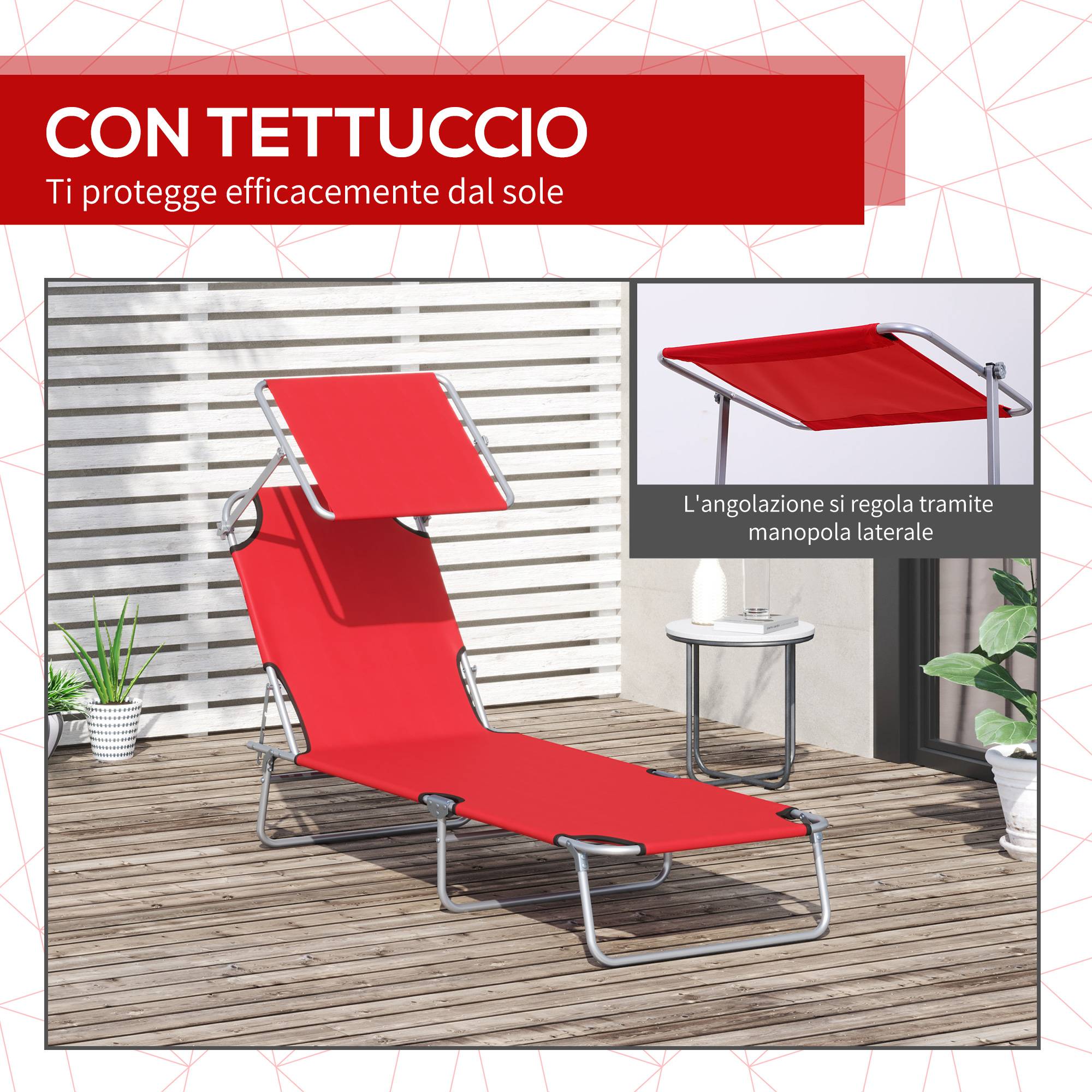 Transat jardin pliable avec auvent réglable, dossier inclinable 4 niveaux, rouge - Image 8