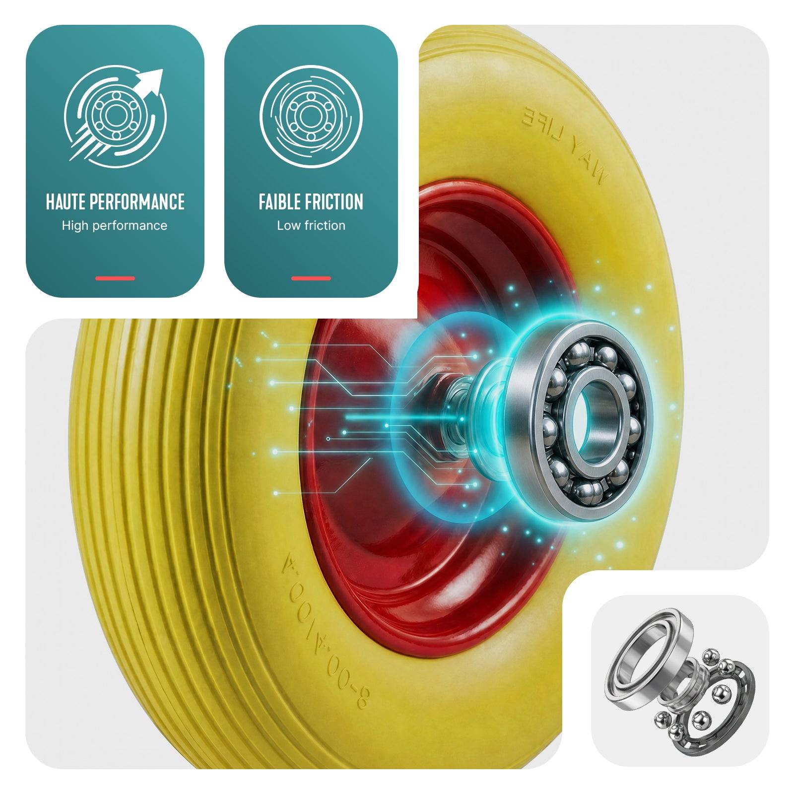 Vounot - Lot de 4 Roue increvable 4.80/4.00-8 en PU pour brouette diable alesage 20mm 392x92 mm Jaune - Image 4