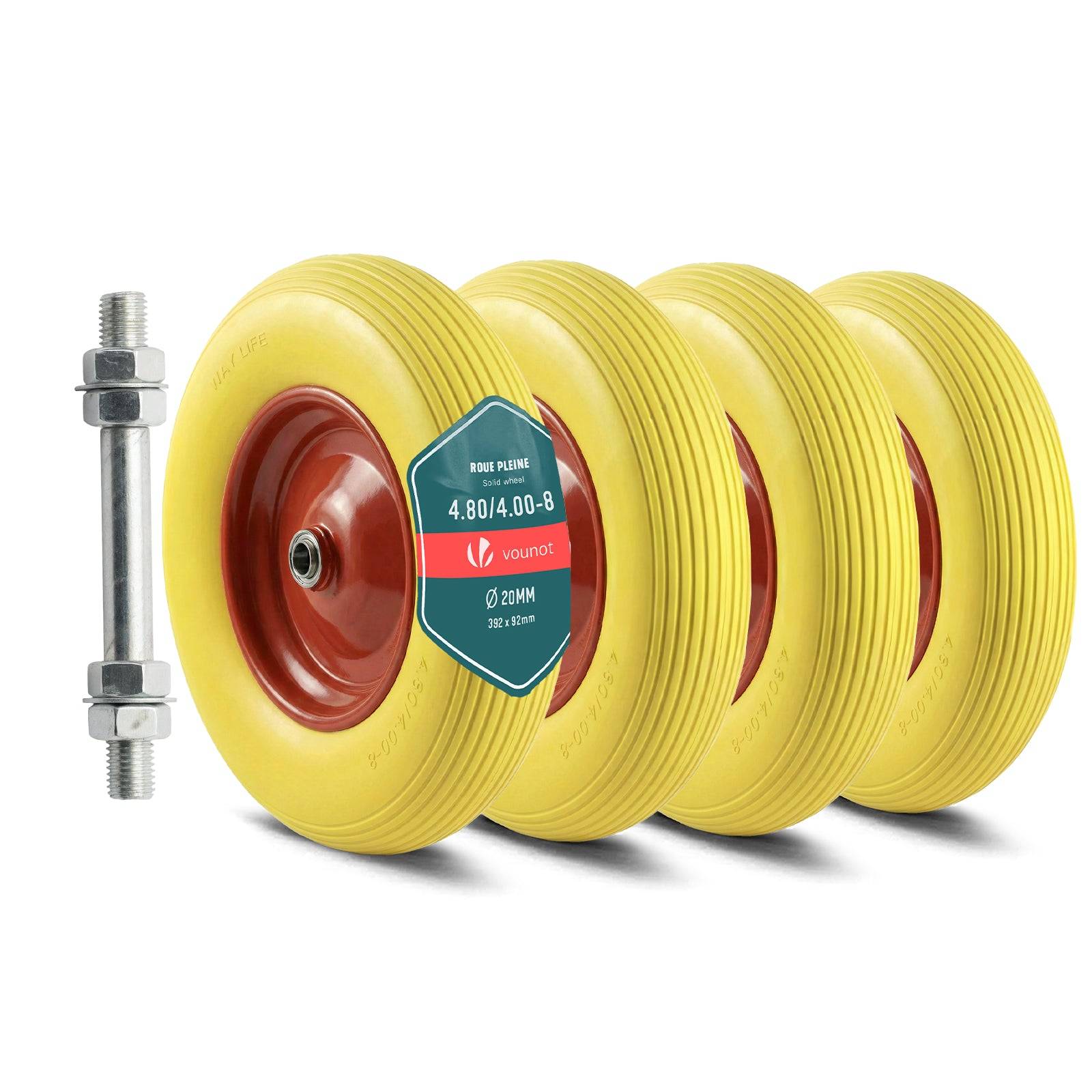 Vounot - Lot de 4 Roue increvable 4.80/4.00-8 en PU pour brouette diable alesage 20mm 392x92 mm Jaune