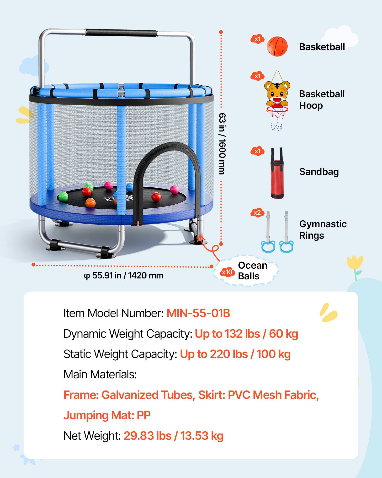 Vevor - VEVOR Trampoline enfant 142 cm - cadre galvanisé, filet sécurisé, capacité 60 kg, accessoires inclus. - Image 6