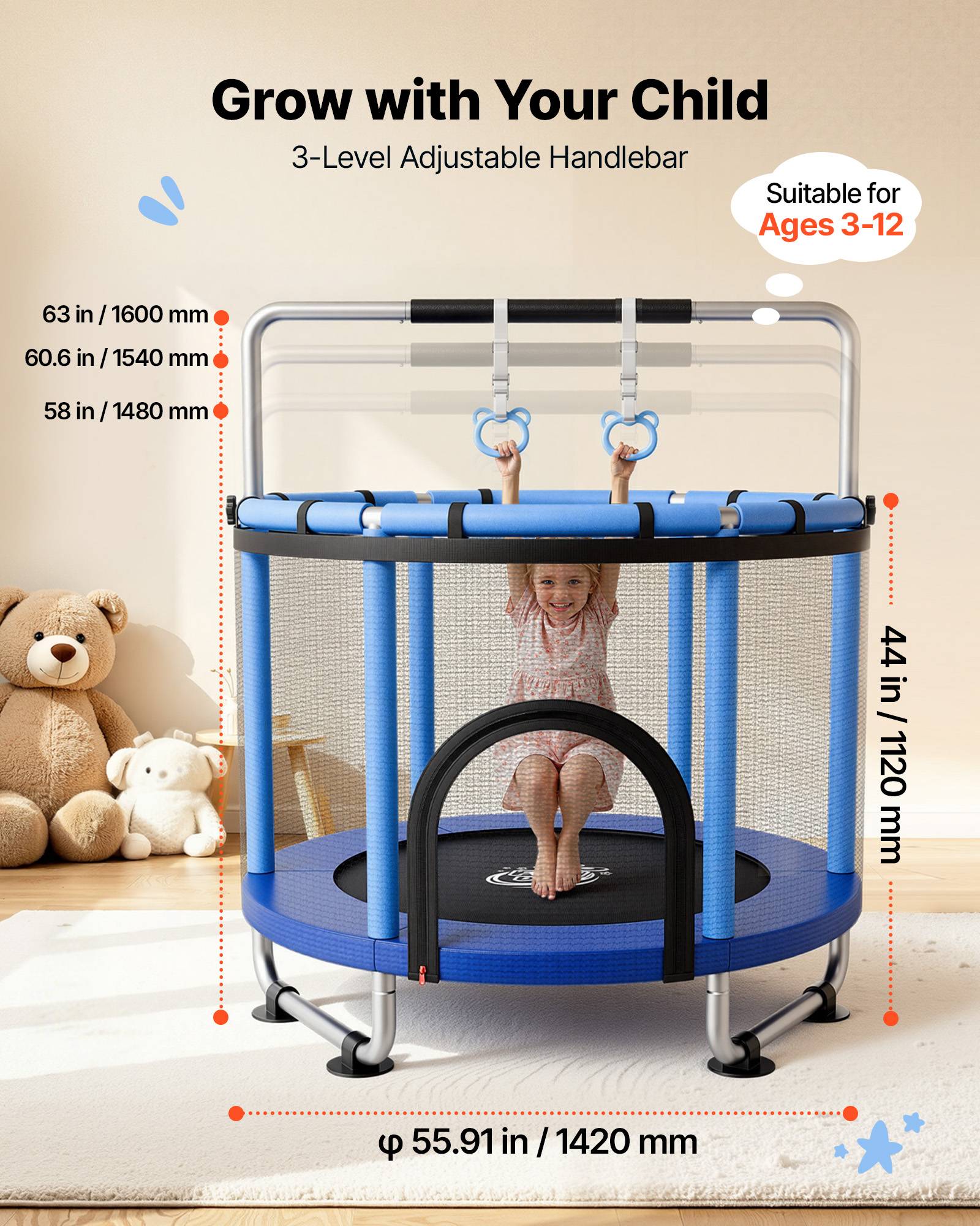 Vevor - VEVOR Trampoline enfant 142 cm - cadre galvanisé, filet sécurisé, capacité 60 kg, accessoires inclus. - Image 7
