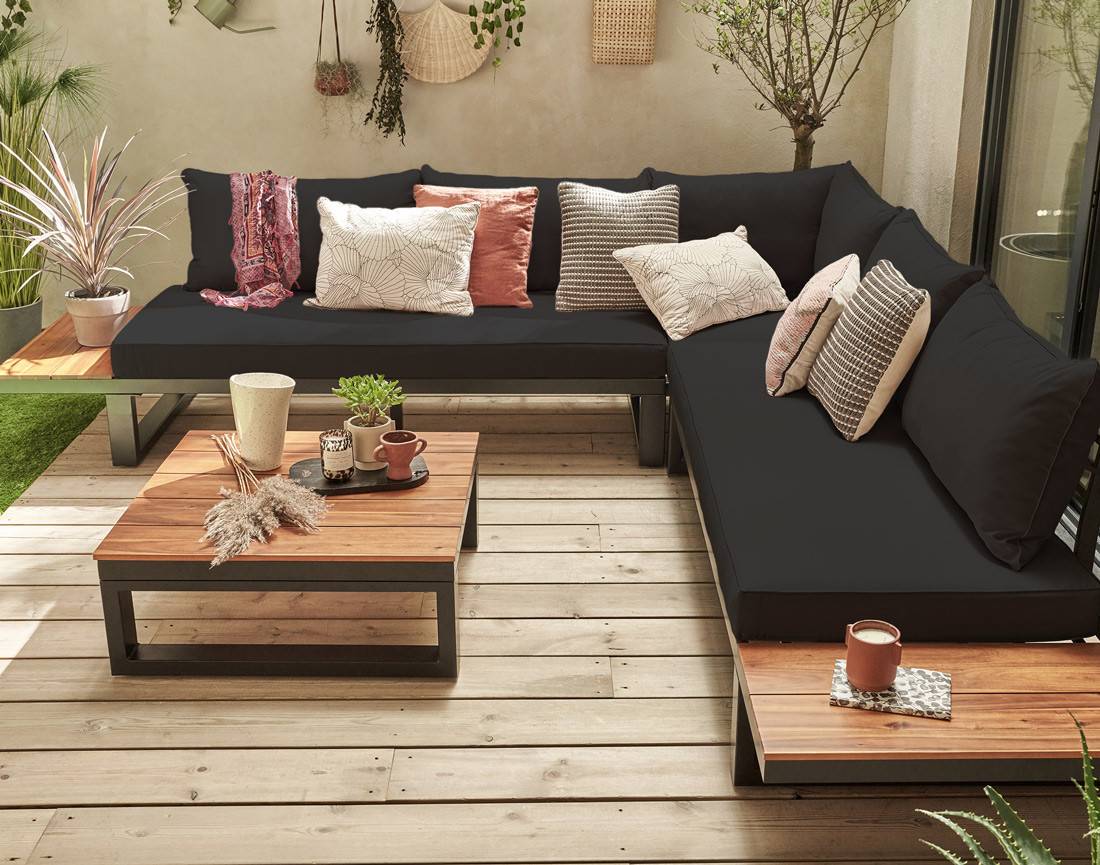 Salome - salon bas de jardin 5 places + table - modulable - bois, métal et coussins noirs - Best Mobilier - Image 3