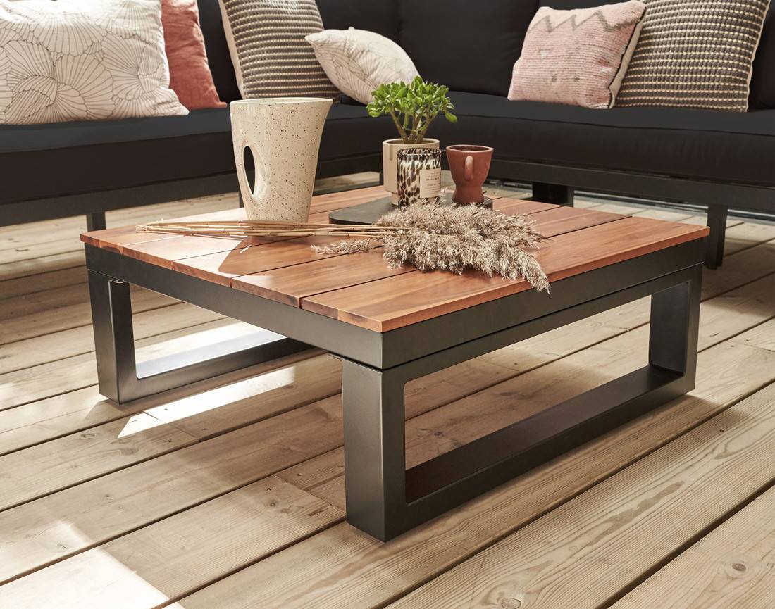 Salome - salon bas de jardin 5 places + table - modulable - bois, métal et coussins noirs - Best Mobilier - Image 4