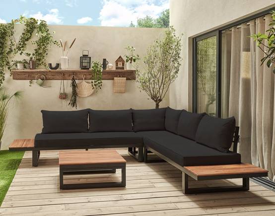 Salome - salon bas de jardin 5 places + table - modulable - bois, métal et coussins noirs - Best Mobilier - Image 7