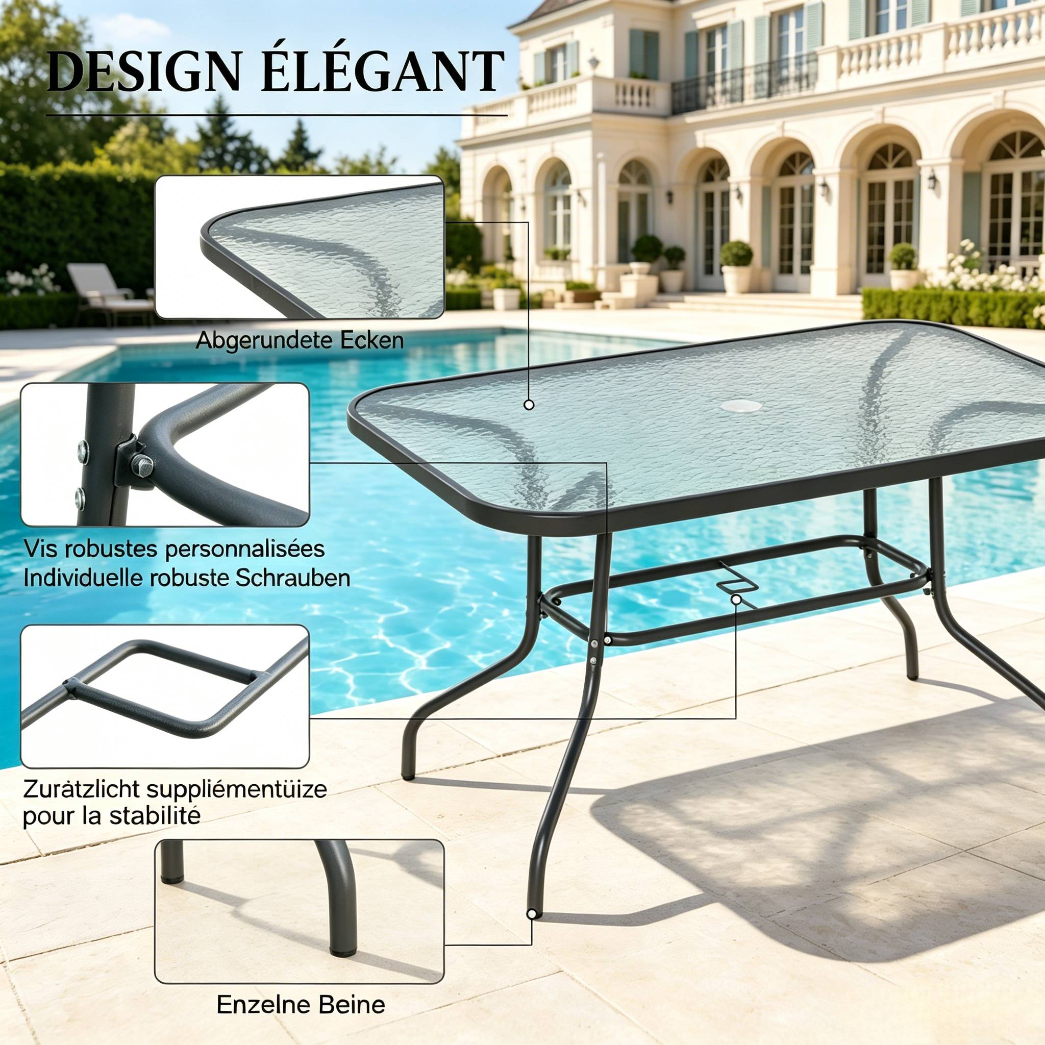 ComfortXL - Table de jardin métal et verre trempé repas 8 personnes avec trou parasol 120 x 80 cm gris - ComfortXL Outdoor Living - Image 2