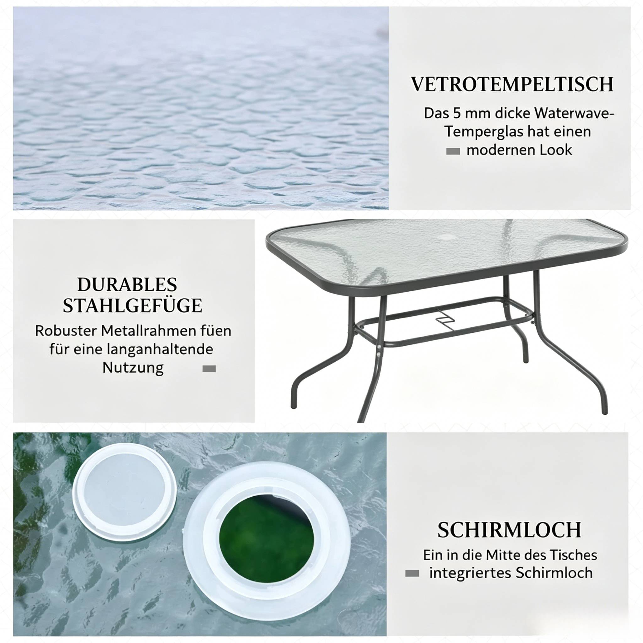 ComfortXL - Table de jardin métal et verre trempé repas 8 personnes avec trou parasol 120 x 80 cm gris - ComfortXL Outdoor Living - Image 6