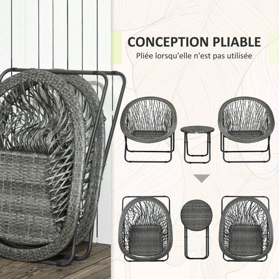 Salon de jardin pliable 2 places acier balcon gain de place table chaises gris - ComfortXL Outdoor Living - Image 8