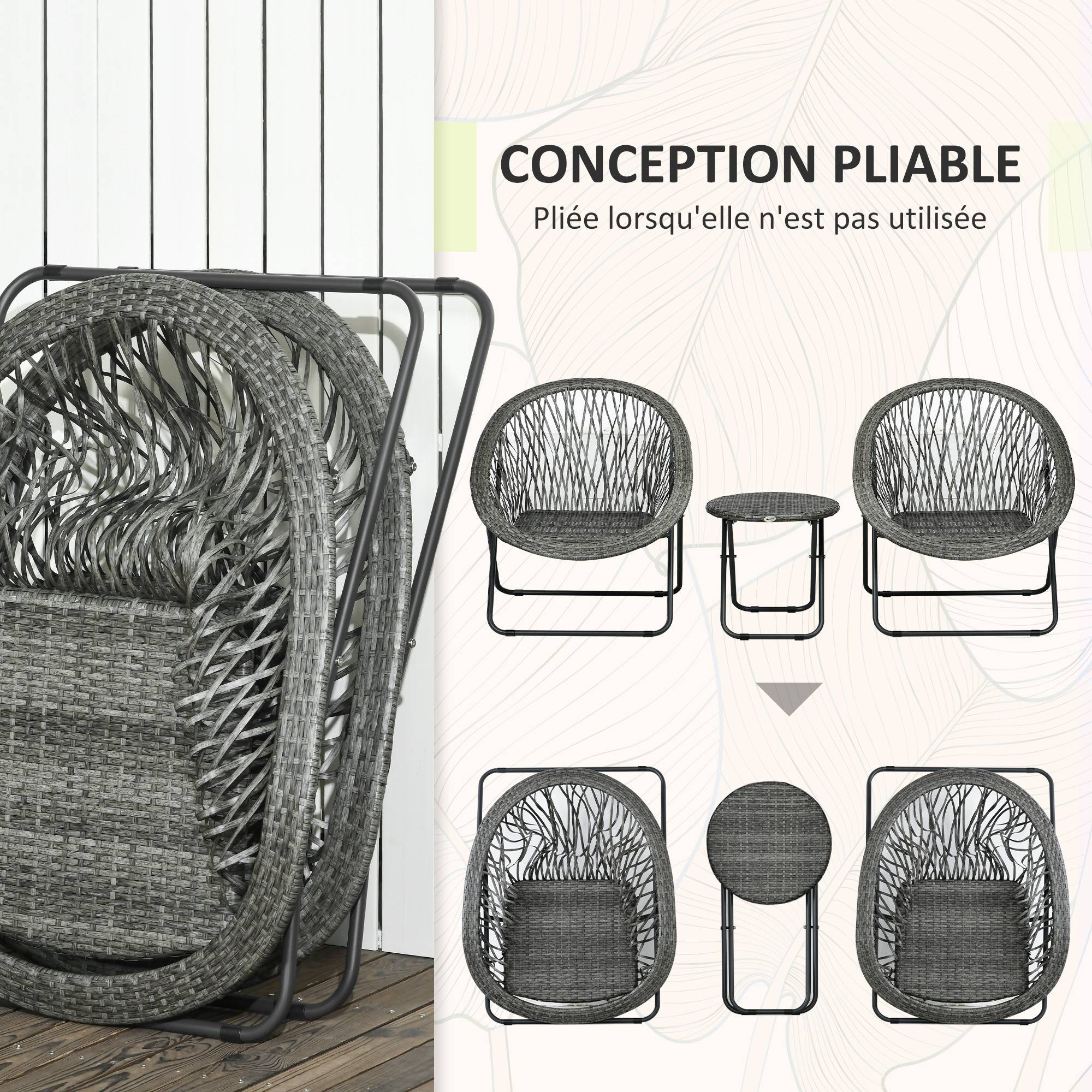 Salon de jardin pliable 2 places acier balcon gain de place table chaises gris - ComfortXL Outdoor Living - Image 8