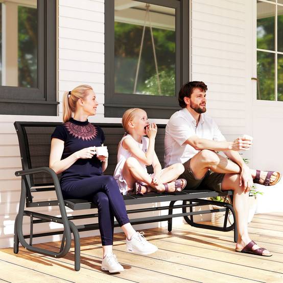 Banc à bascule acier terrasse 3 places assise ergonomique textilène 147cm noir - ComfortXL Outdoor Living - Image 4