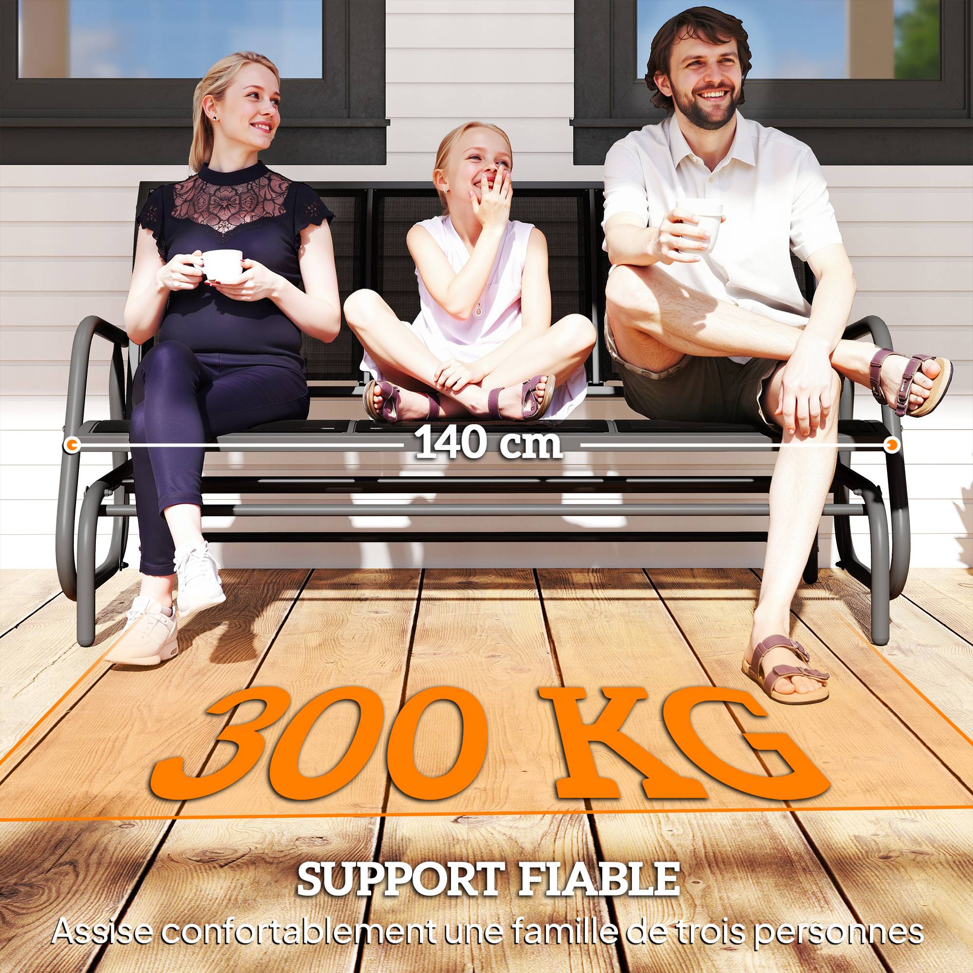 Banc à bascule acier terrasse 3 places assise ergonomique textilène 147cm noir - ComfortXL Outdoor Living - Image 9