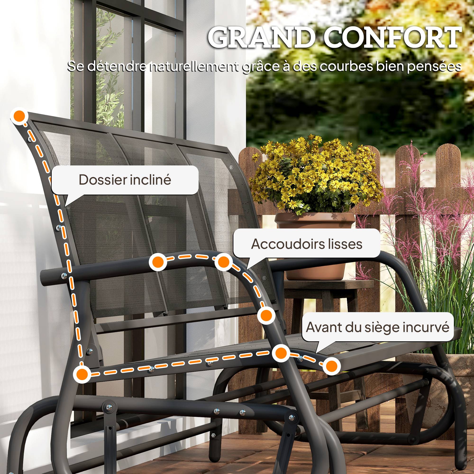 Banc à bascule acier terrasse 3 places assise ergonomique textilène 147cm noir - ComfortXL Outdoor Living - Image 10
