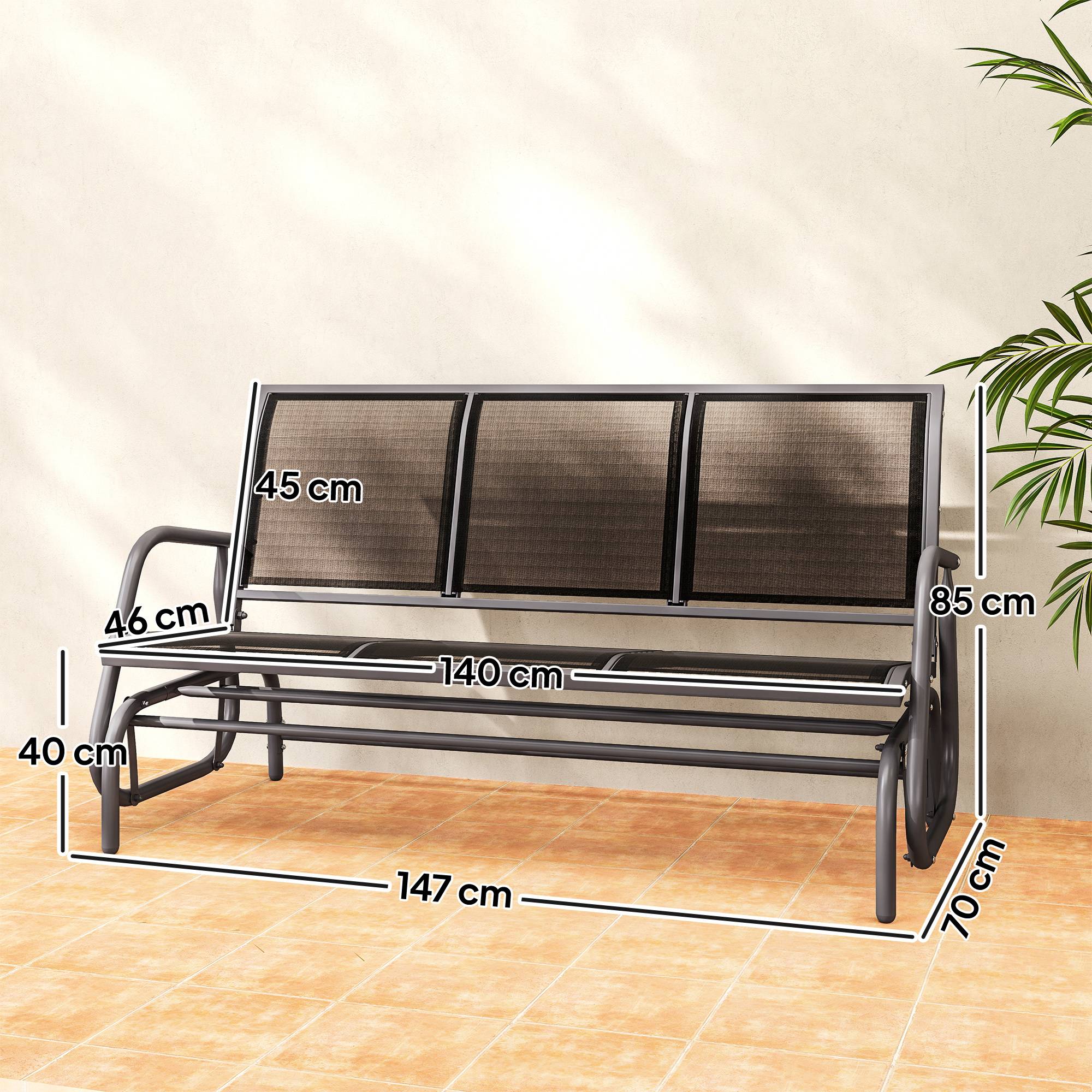 Banc à bascule acier terrasse 3 places assise ergonomique textilène 147cm noir - ComfortXL Outdoor Living - Image 5