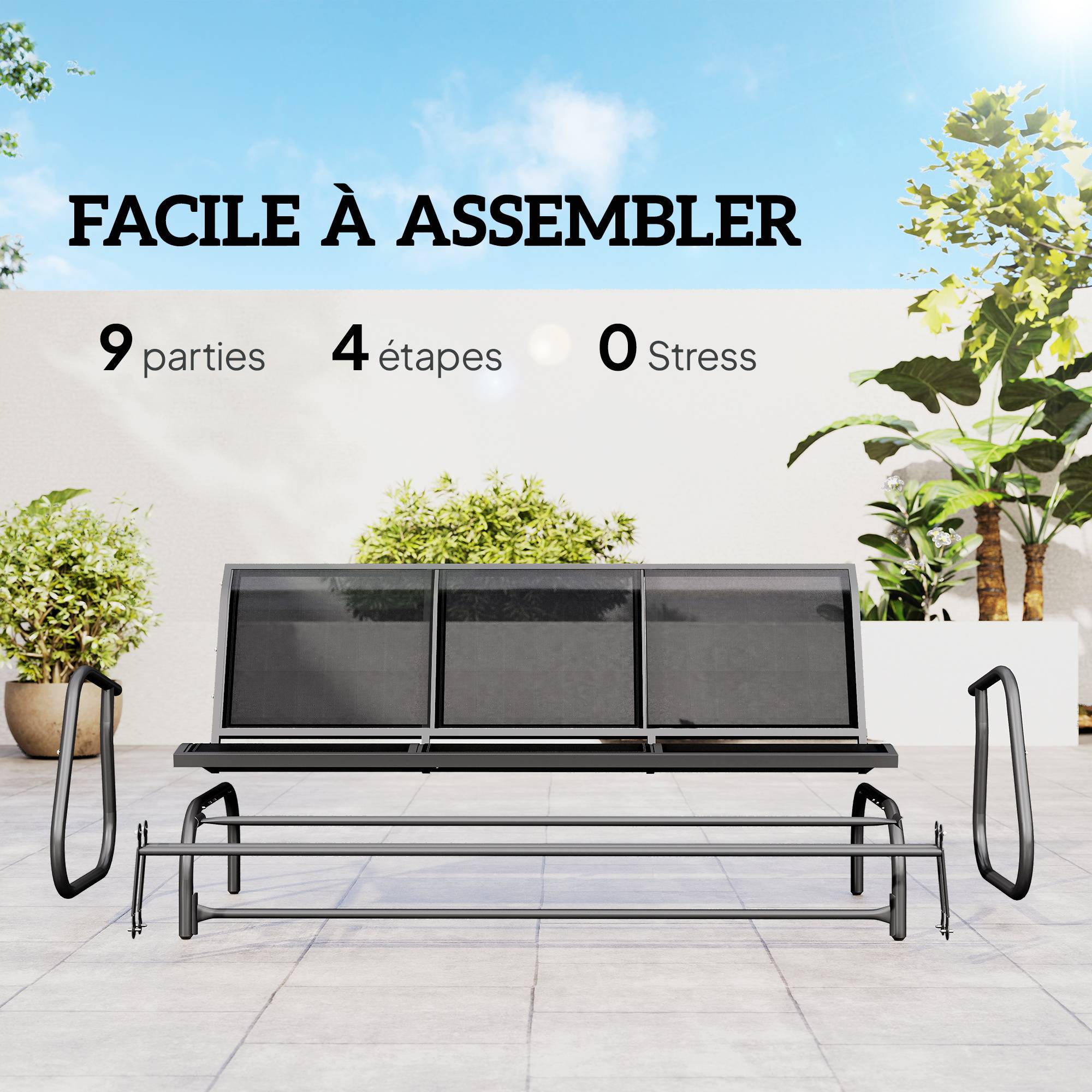 Banc à bascule acier terrasse 3 places assise ergonomique textilène 147cm noir - ComfortXL Outdoor Living - Image 7