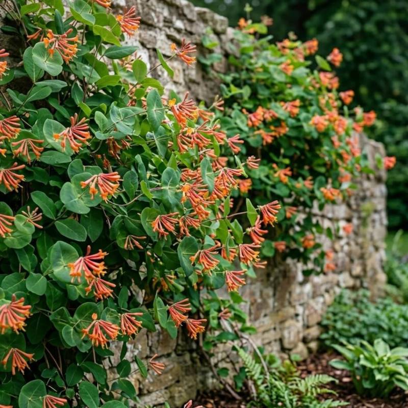 Chèvrefeuille de Brown Dropmore Scarlet à fleurs Orange - feuillage Semi-Persistant - Godet - 5/10 cm-  hauteur à maturité De 3,00 m à 5,00 m - Imagen 2