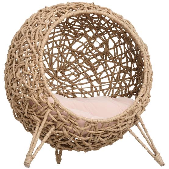 Niche chat en rotin surélevée avec coussin, Ø52x58 cm, naturel - Image 1