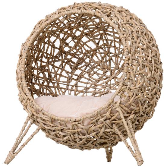 Niche chat en rotin surélevée avec coussin, Ø52x58 cm, naturel - Image 2