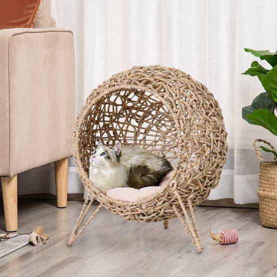 Niche chat en rotin surélevée avec coussin, Ø52x58 cm, naturel - Image 4