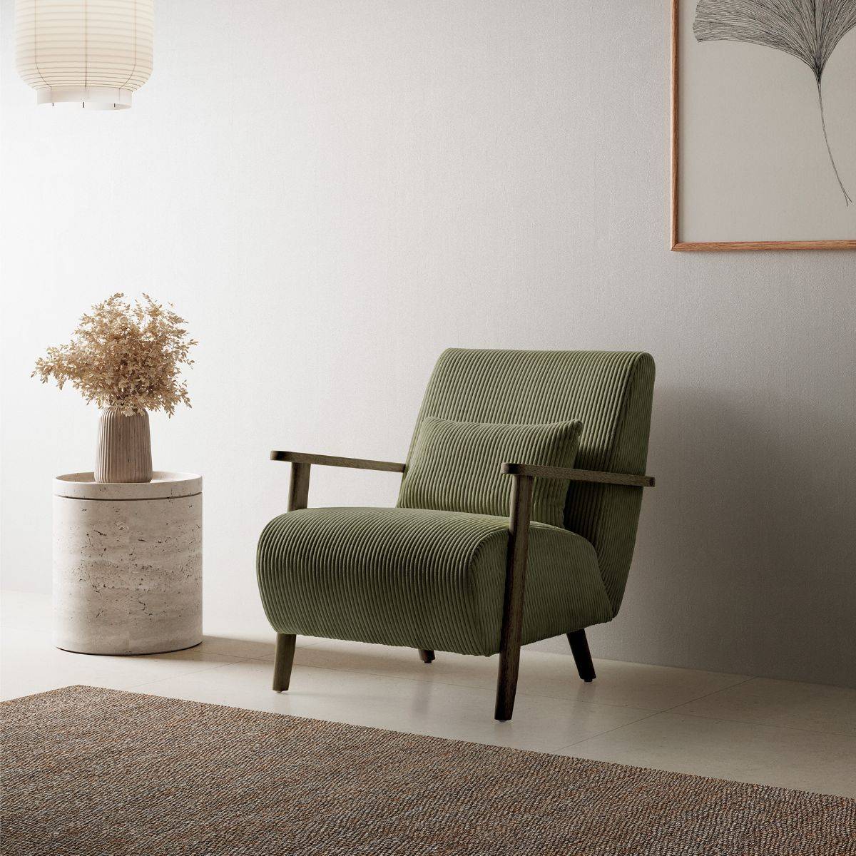 Fauteuil en velours côtelé vert vintage avec accoudoirs et pieds en chêne foncé - BONIFACE - Image 2