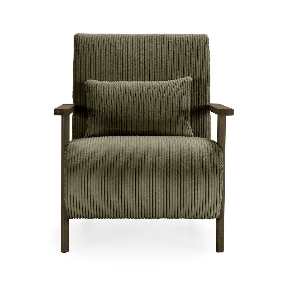 Fauteuil en velours côtelé vert vintage avec accoudoirs et pieds en chêne foncé - BONIFACE - Image 3