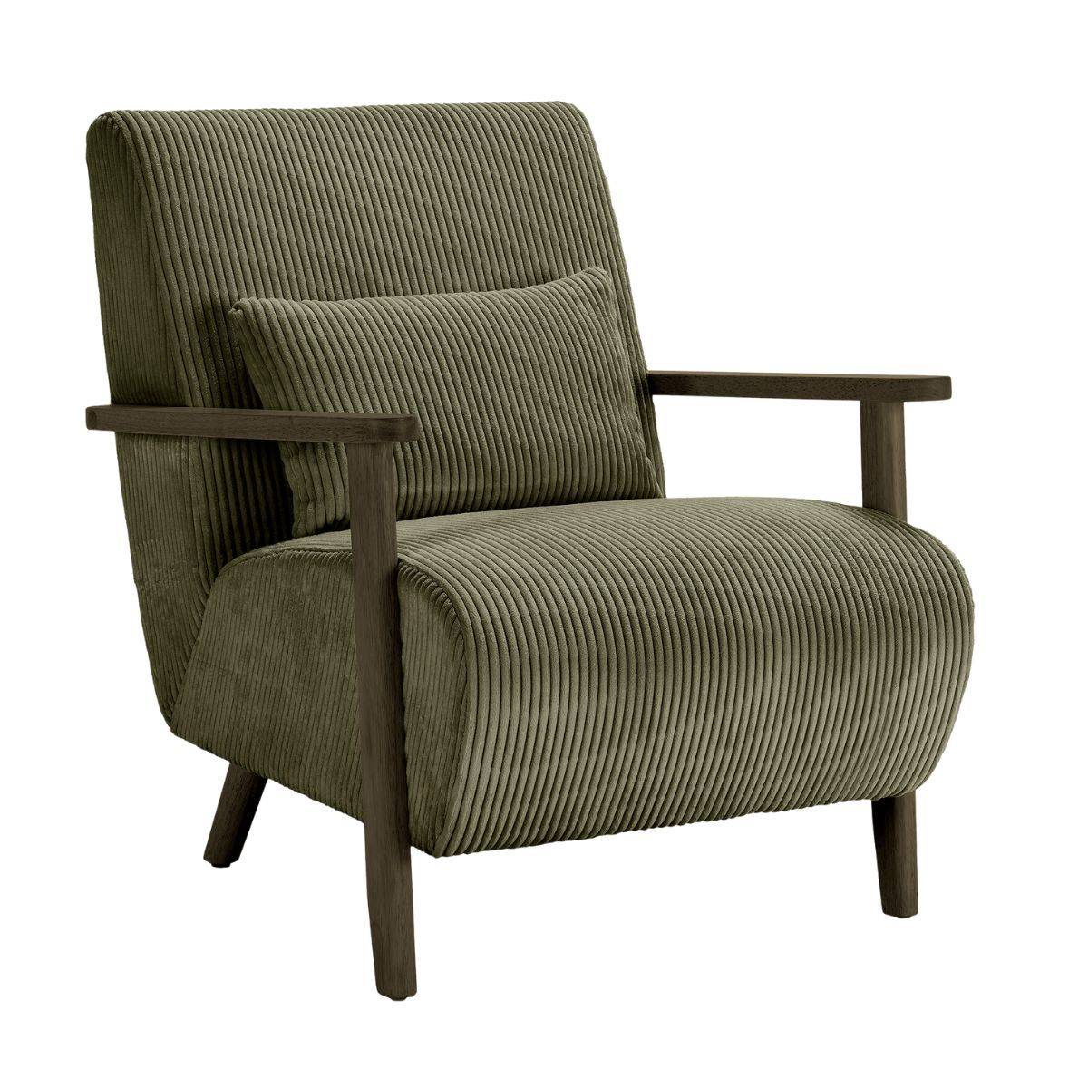 Fauteuil en velours côtelé vert vintage avec accoudoirs et pieds en chêne foncé - BONIFACE - Image 1
