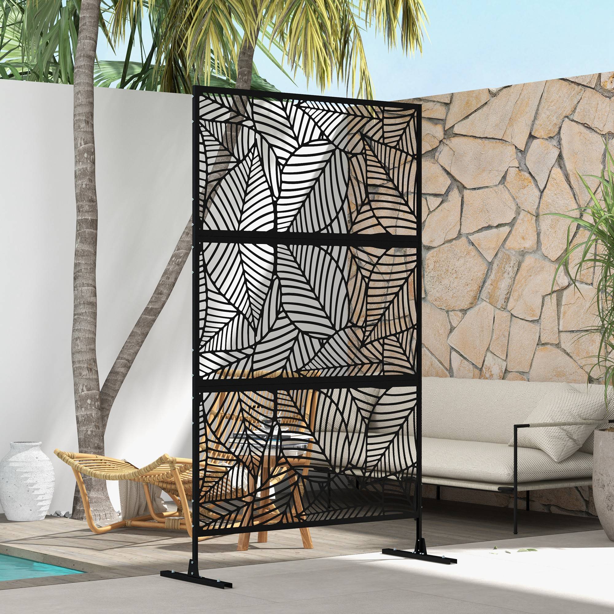 Outsunny - Panneau brise-vue décoratif extérieur paravent 122x45x198cm métal motif végétal noir - Outsunny - Image 4