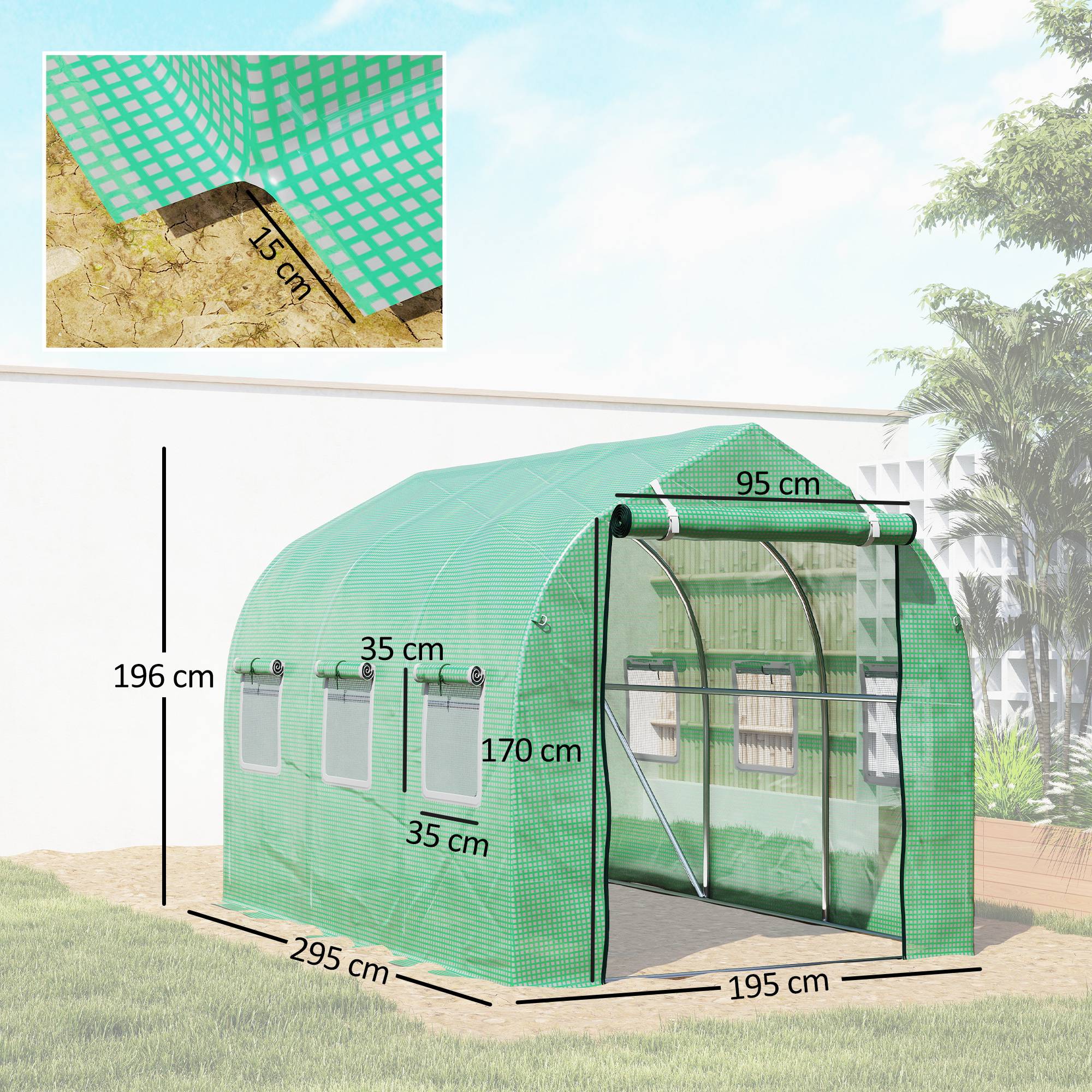 Serre Tunnel de Jardin 6m² Acier Galvanisé avec 6 Fenêtres et Porte Enroulable Vert - ComfortXL Outdoor Living - Image 5