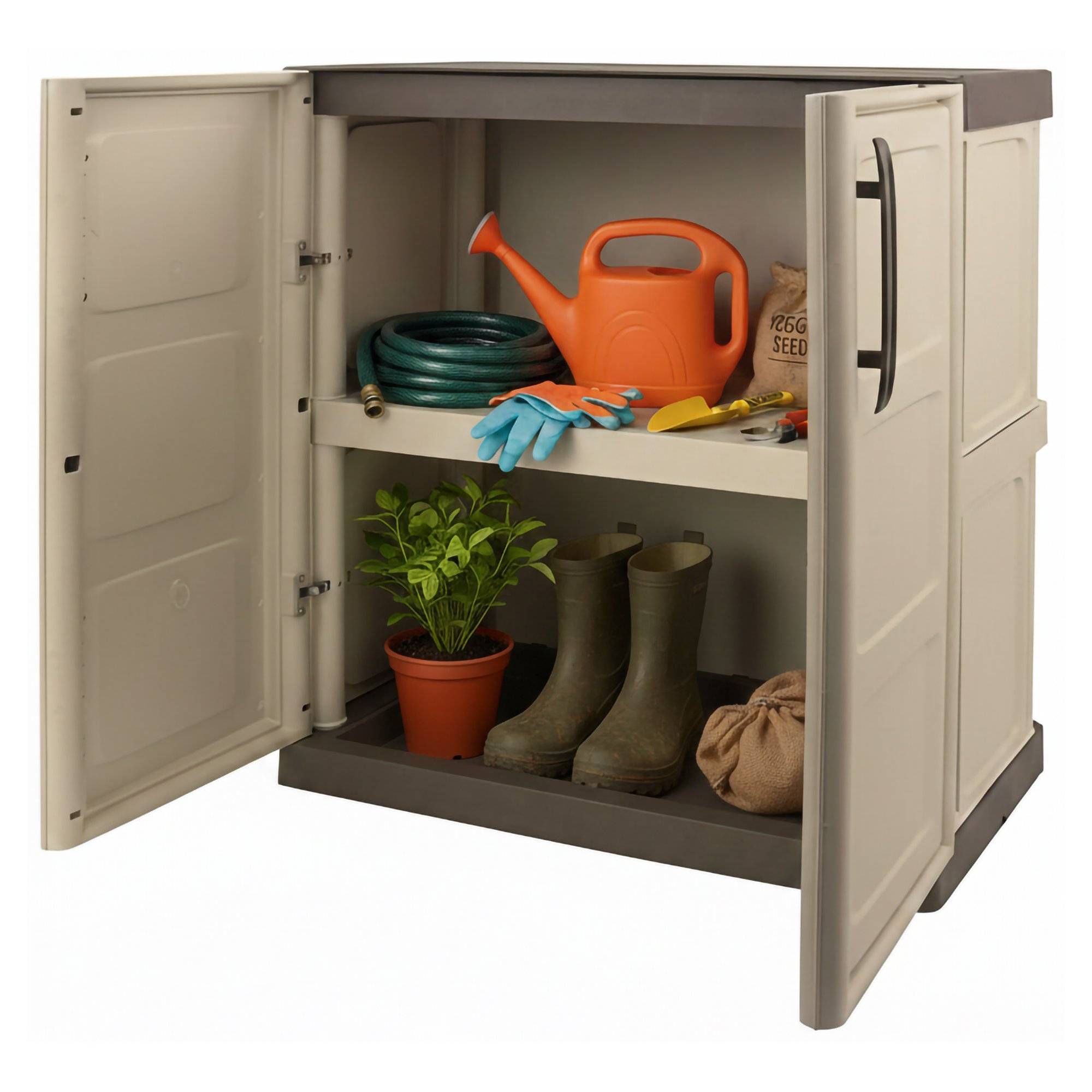 Dmora - Armoire d'extérieur Courtrai, Armoire de balcon polyvalente, Mobilier d'extérieur avec 2 portes, Beige et Marron, 70x39h86 cm, Finition à carreaux - Imagen 1