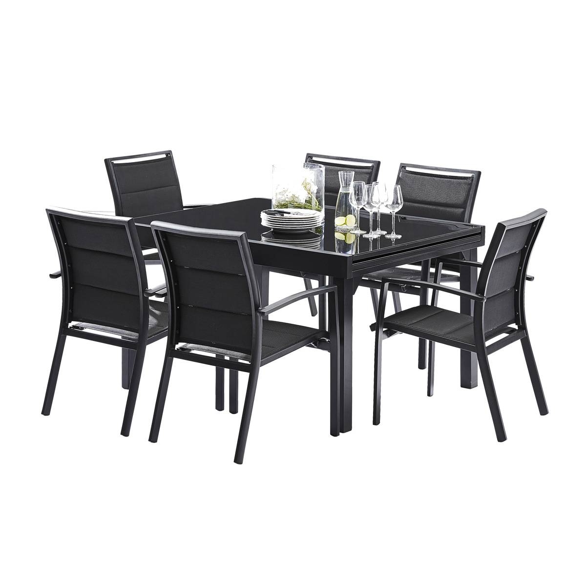 Wilsa Garden - Ensemble MODULO 6/10p en aluminium noir et verre trempé et 6 fauteuils en aluminium et assise textilène - Imagen 1