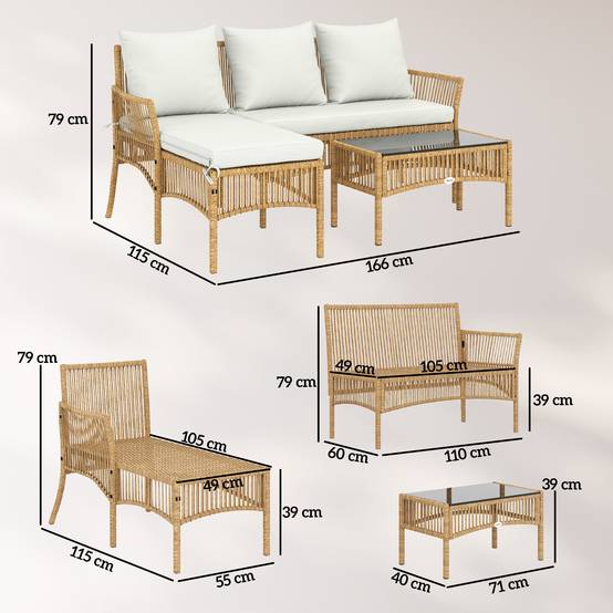 Outsunny - Salon de jardin 4 personnes - canapé 2 places, chaise longue, table basse - résine tressée - 166 x 115 x 79 cm - crème - Outsunny - Image 3