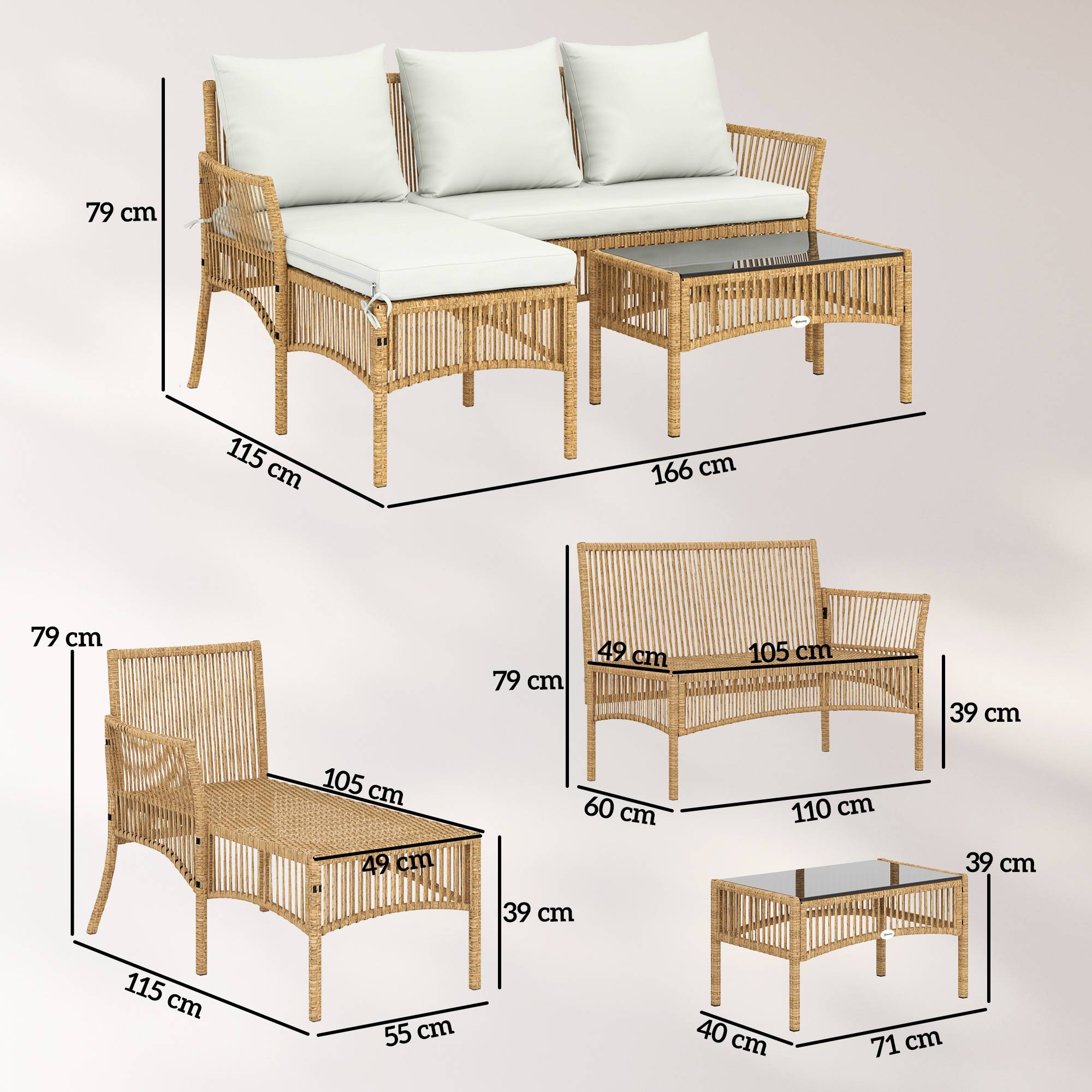 Outsunny - Salon de jardin 4 personnes - canapé 2 places, chaise longue, table basse - résine tressée - 166 x 115 x 79 cm - crème - Outsunny - Image 3
