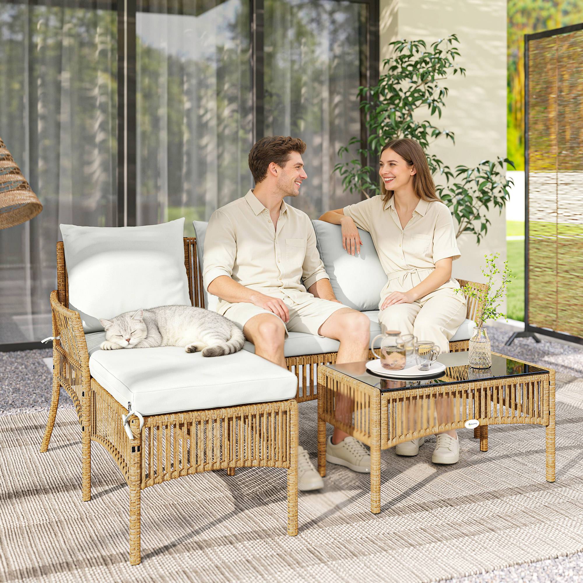 Outsunny - Salon de jardin 4 personnes - canapé 2 places, chaise longue, table basse - résine tressée - 166 x 115 x 79 cm - crème - Outsunny - Image 6